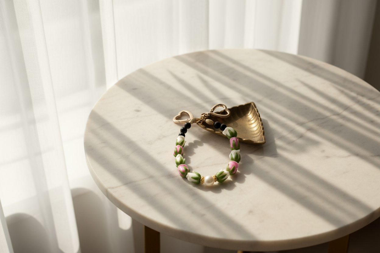 Tulip Lei with Gold Tray on Travertine Table